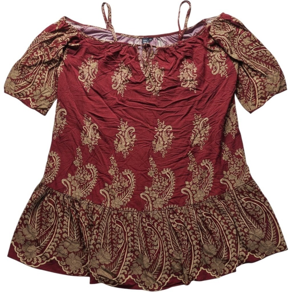 BOTURE Dress Womens L Red Paisley Short Sleeve Off Shoulder Ruffle Short